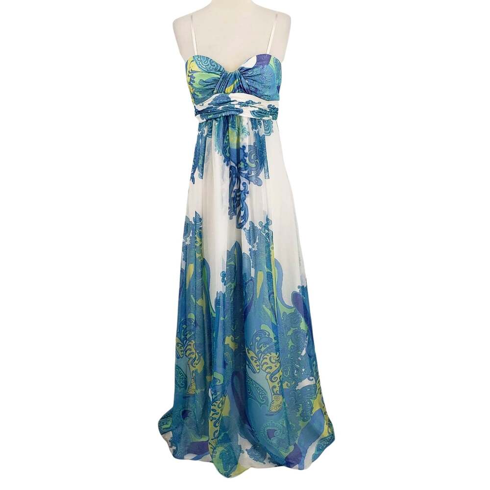 Cache Silk Blend Chiffon Formal Gown with Metallic Paisley Print